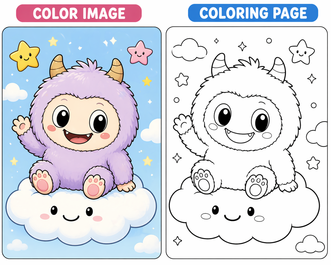 labubu coloring pages Chubby monster sitting on a cloud smiling